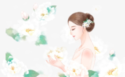 卡通手绘女子捧花插画素材