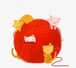 红色圆球毛线球和猫咪高清图片