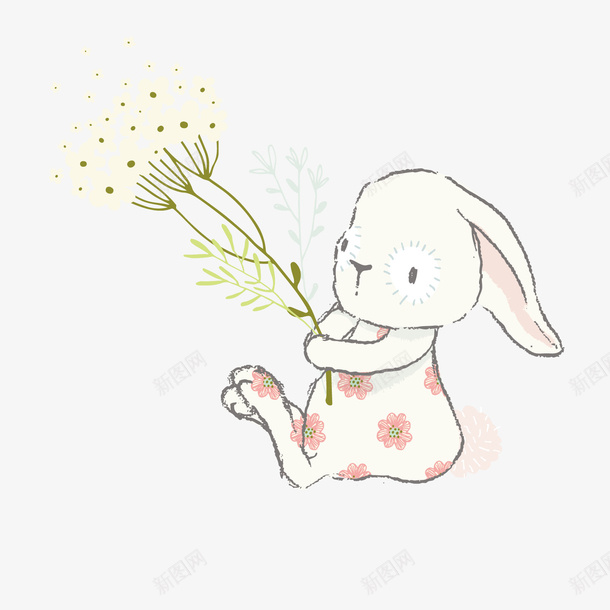 拿着花朵的手绘兔子矢量图ai免抠素材_88icon https://88icon.com 卡通 唯美 小清新 手绘 粉色小动物 花卉 花朵 花朵兔子 矢量图