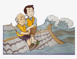 卡通地震卡通图洪水房顶上的父子高清图片