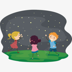 星空萤光卡通插画小孩和萤火虫高清图片