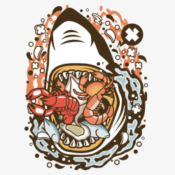 卡通鲨鱼张大嘴巴吃鱼矢量图素材