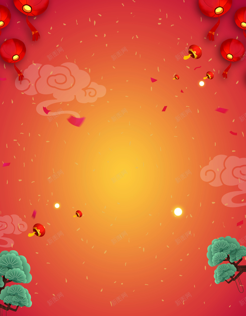 春节背景元素图jpg设计背景_88icon https://88icon.com 元宝 底纹 松柏 灯笼 祥云 福