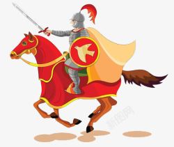 卡通人物身穿盔甲骑着战马打仗的素材