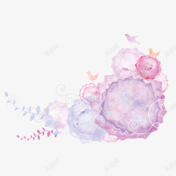 粉色墨染画png免抠素材_88icon https://88icon.com 伞状 圆形 小鸟 枝条 粉红色 紫色