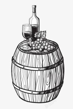 红酒酒杯橡木桶素描案素材