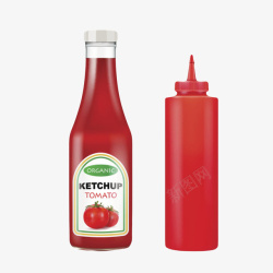 红色塑料瓶子和玻璃瓶子番茄酱包素材