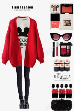 红色毛衣外套和黑色裤子素材