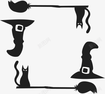 性格女巫女巫帽黑猫万圣节边框矢量图图标图标