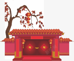 春节大门新年大门装饰红色灯笼高清图片