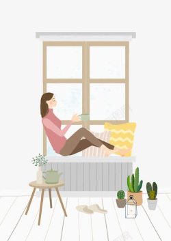 休息地手绘坐在窗台上休息的女孩高清图片