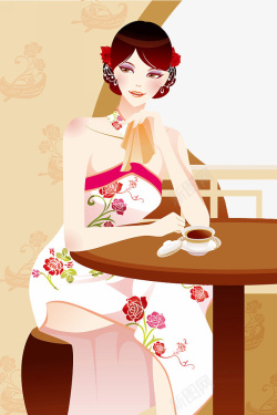 桌前穿旗袍端坐桌前喝茶的女人高清图片