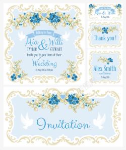 5款蓝色花卉婚礼邀请卡矢量图素材