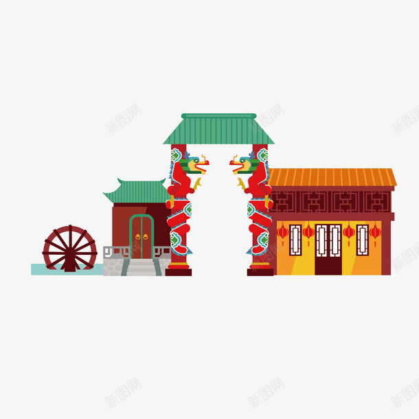 传统建筑手绘png免抠素材_88icon https://88icon.com 个性 屋子 房屋 手绘矢量 水车 简约插图 绿色房屋 黄色房顶