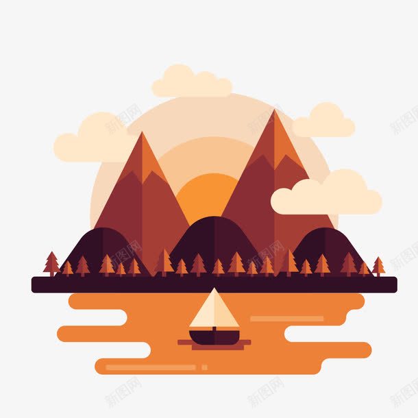 创意山与河流风景png免抠素材_88icon https://88icon.com 创意 山河 树木 植物 船只 落日 郊外 风景