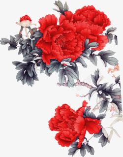 红色手绘室内牡丹花装饰画素材