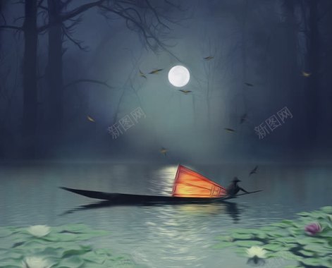 夜晚海上迷雾小船背景