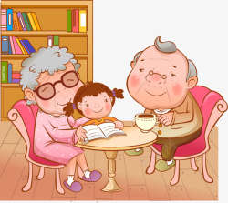 温馨时刻老人与孩子一起坐在桌前看书高清图片