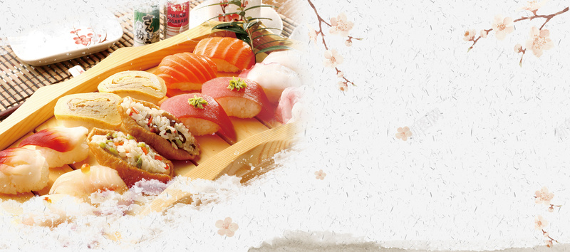 樱花季日本寿司船美食促销背景