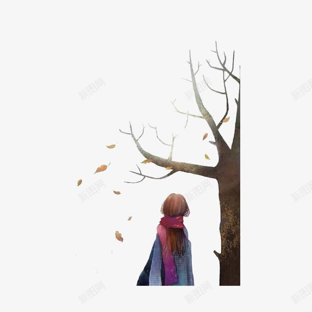 树下看落叶的女孩背影png免抠素材_88icon https://88icon.com 插画 树下的人 树下看落叶的女孩背影 离开的背影