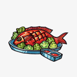 花椰菜马克笔手绘烤鱼高清图片