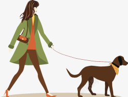 卡通人物走路牵着狗走路的时尚女人高清图片