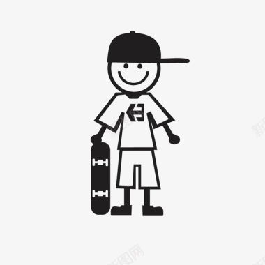 滑板运动手绘黑色卡通拿滑板小男孩简笔画图标图标