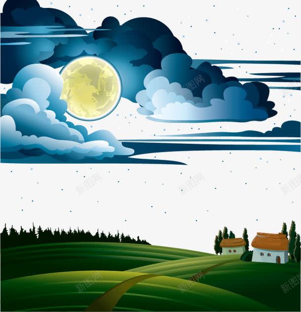 梦幻夜晚png免抠素材_88icon https://88icon.com 云朵 农庄 唯美 夜晚 插图 星空草原 月亮 村庄 树木剪影 梦幻 梦幻夜晚背景 童话背景 草原 草地