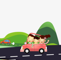 粉色的汽车卡通手绘开车春游的一家人高清图片