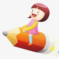 女孩坐着铅笔火箭素材
