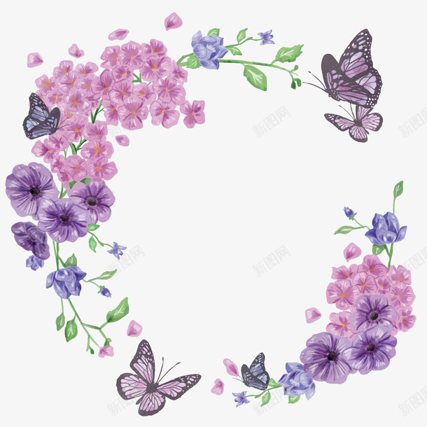 紫色花环png免抠素材_88icon https://88icon.com 动物 手绘 浪漫 紫色 绿叶 美丽 花朵 花环 蝴蝶