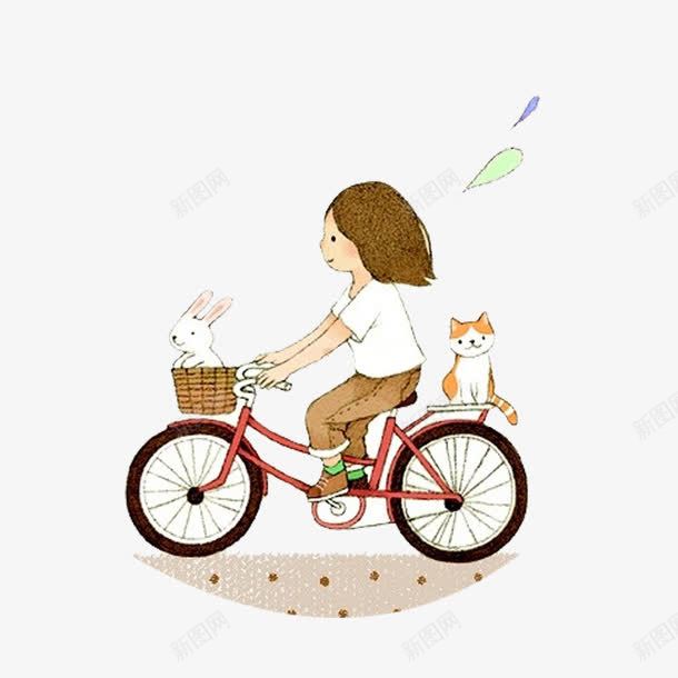 卡通骑车的小女孩png免抠素材_88icon https://88icon.com 兔子 小猫 手绘卡通PNG 自行车 骑车