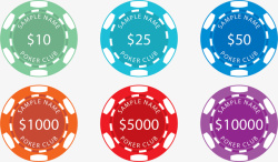 六种不同金额的赌场筹码矢量图素材