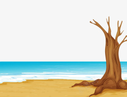 海边沙滩上的枯树根素材