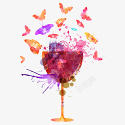 水彩酒杯创意水彩酒杯蝴蝶插画矢量图高清图片