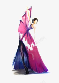 服装效果图手绘紫色水彩单肩长裙高清图片