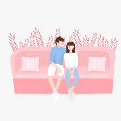 小清新情侣手绘卡通情侣坐在沙发上高清图片