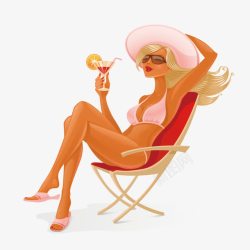 喝饮料坐在沙滩椅比基尼女郎素材