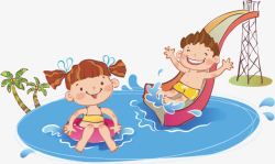 游泳池男孩女孩卡通背景夏天素材