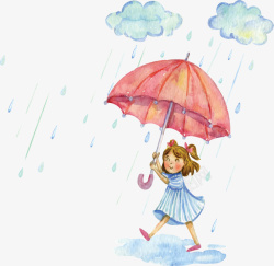 手绘风下雨打伞女孩矢量图素材