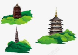 绿色清新特色手绘旅游杭州地标免素材