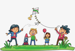 风筝免费PNG下载六一儿童节可爱人物插图草地上玩高清图片