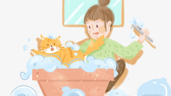 铸铁浴缸卡通手绘给猫咪洗澡的女孩高清图片
