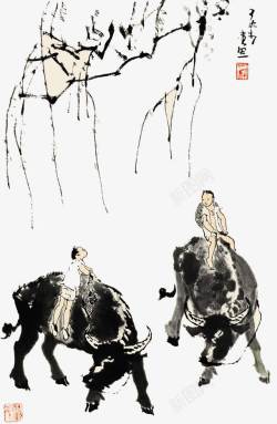 放牧中国风水墨画高清图片