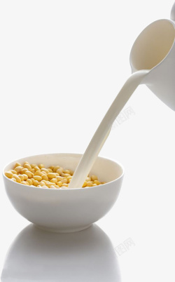 陶瓷杯中的牛奶正在倒入黄豆碗素材