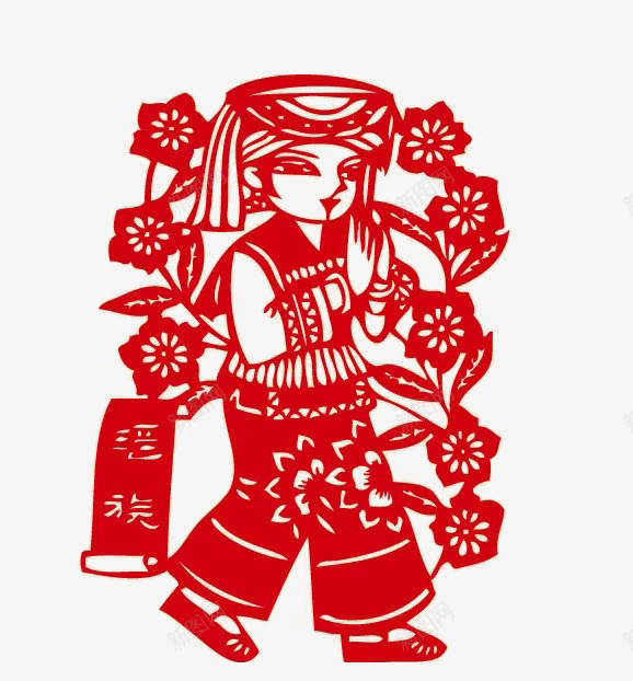 瑶族剪纸png免抠素材_88icon https://88icon.com 人物 剪纸 头饰 少数民族 服饰 特色风情 瑶族 瑶族人物形象 瑶族特色 红色 花朵