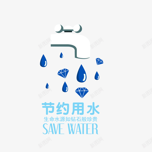 卡通节约用水标语海报png免抠素材_88icon https://88icon.com 中英文字体 书龙头 水滴 生命之源如钻石般珍贵 省水 节约用水 节约用水标语 钻石