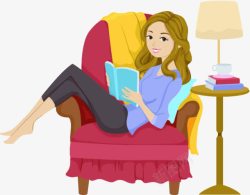 水金盏花茶在沙发上看书的女子高清图片