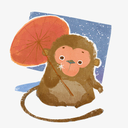 猕猴打伞手绘画片素材