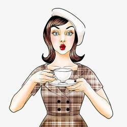 卡通端咖啡撅嘴的女人素材